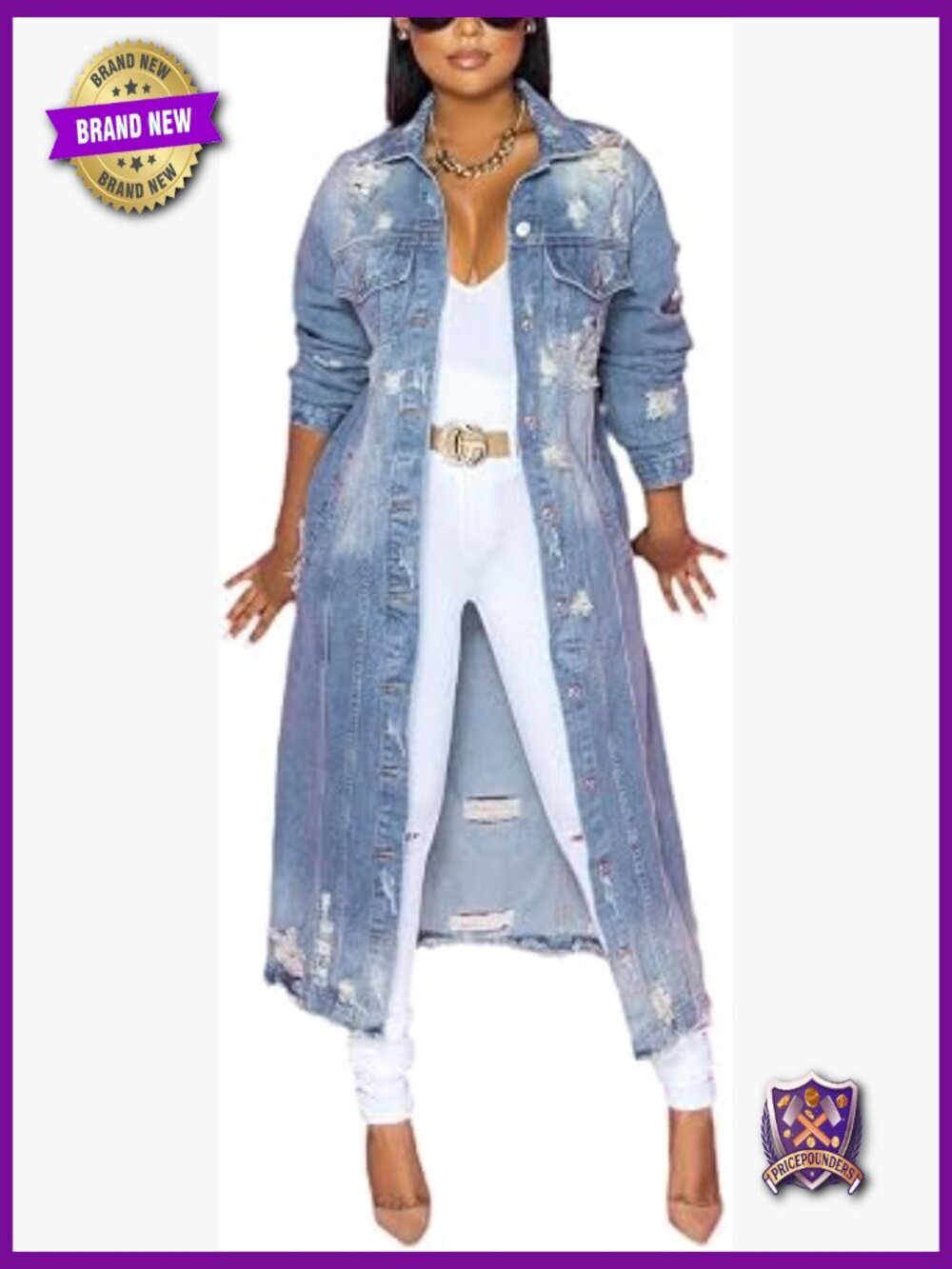 Ripped Denim Maxi Trench Coat Long Duster Jacket